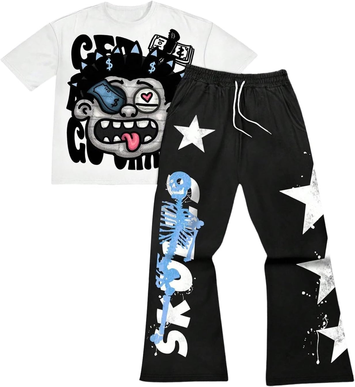 Men'S Y2K Outfits 2 Piece Graphic Tee and Pants Rave Sweatsuits Set