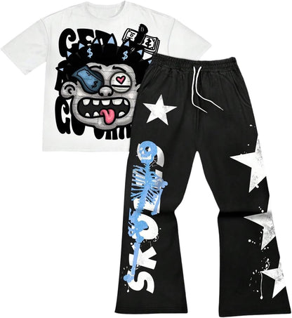 Men'S Y2K Outfits 2 Piece Graphic Tee and Pants Rave Sweatsuits Set