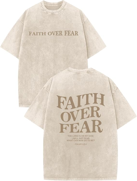 Christian Faith over Fear Shirt for Men Jesus Religious Shirts Oversized Graphic Tees Acid Wash God T-Shirt