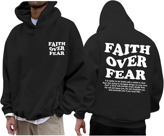 Faith over Fear Hoodie Men Christian Jesus Sweatshirts Bible Verse Graphic Hoodies Inspirational Streetwear Pullover