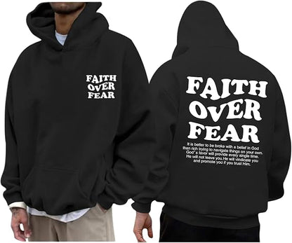 Faith over Fear Hoodie Men Christian Jesus Sweatshirts Bible Verse Graphic Hoodies Inspirational Streetwear Pullover