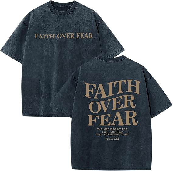 Christian Faith over Fear Shirt for Men Jesus Religious Shirts Oversized Graphic Tees Acid Wash God T-Shirt