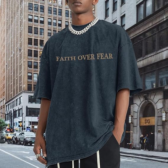 Christian Faith over Fear Shirt for Men Jesus Religious Shirts Oversized Graphic Tees Acid Wash God T-Shirt