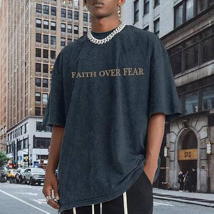 Christian Faith over Fear Shirt for Men Jesus Religious Shirts Oversized Graphic Tees Acid Wash God T-Shirt