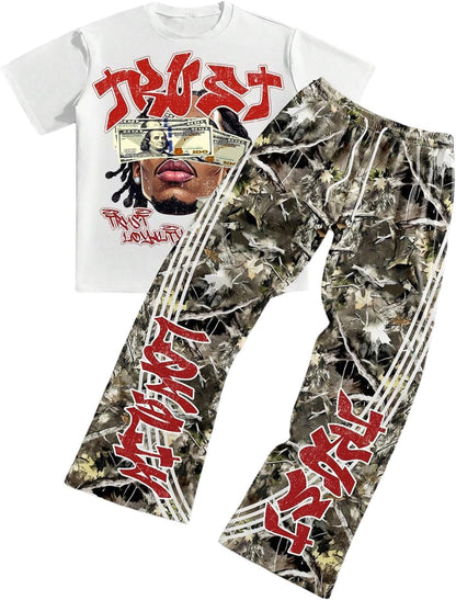Men'S Y2K Outfits 2 Piece Graphic Tee and Pants Rave Sweatsuits Set