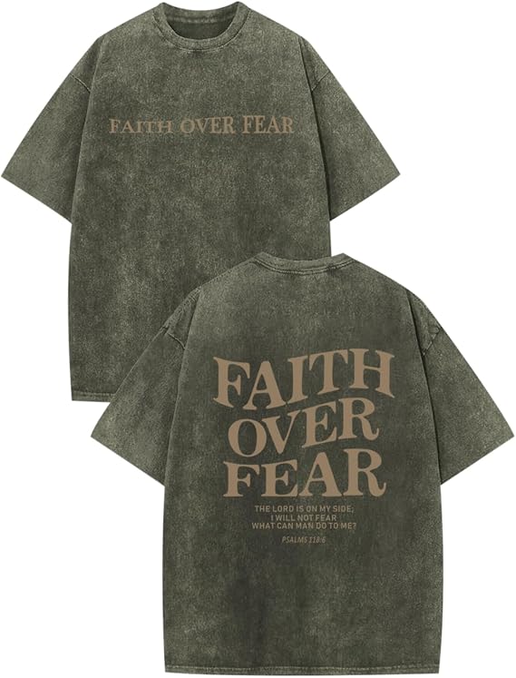 Christian Faith over Fear Shirt for Men Jesus Religious Shirts Oversized Graphic Tees Acid Wash God T-Shirt