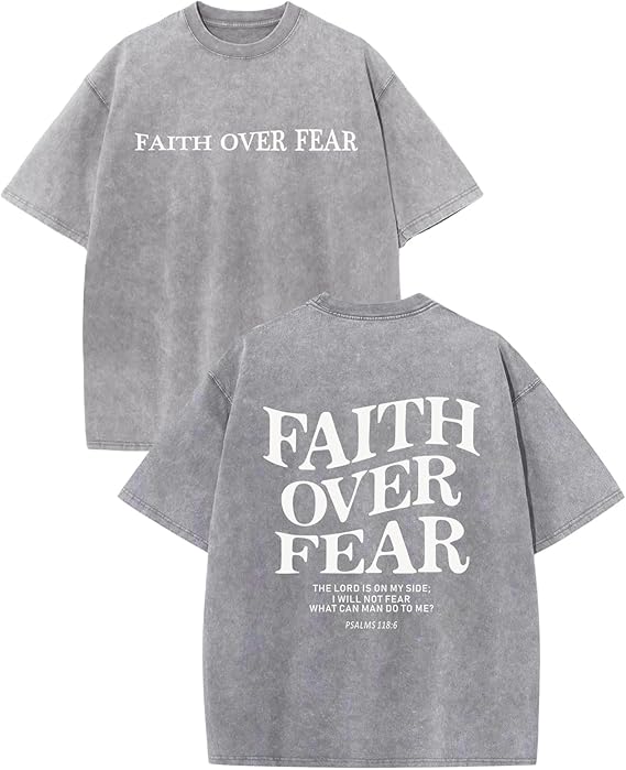 Christian Faith over Fear Shirt for Men Jesus Religious Shirts Oversized Graphic Tees Acid Wash God T-Shirt