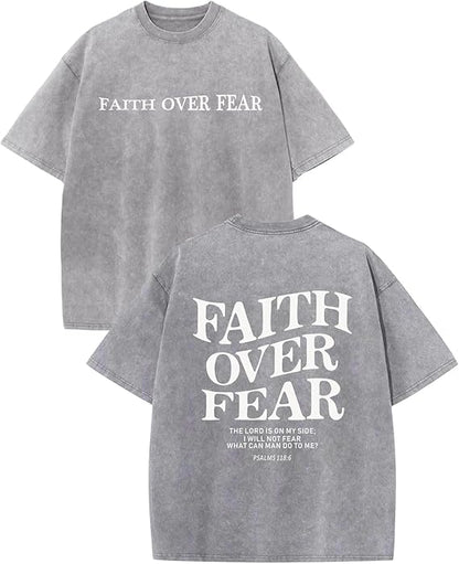 Christian Faith over Fear Shirt for Men Jesus Religious Shirts Oversized Graphic Tees Acid Wash God T-Shirt