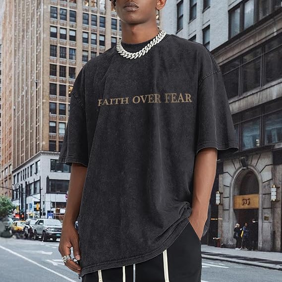 Christian Faith over Fear Shirt for Men Jesus Religious Shirts Oversized Graphic Tees Acid Wash God T-Shirt
