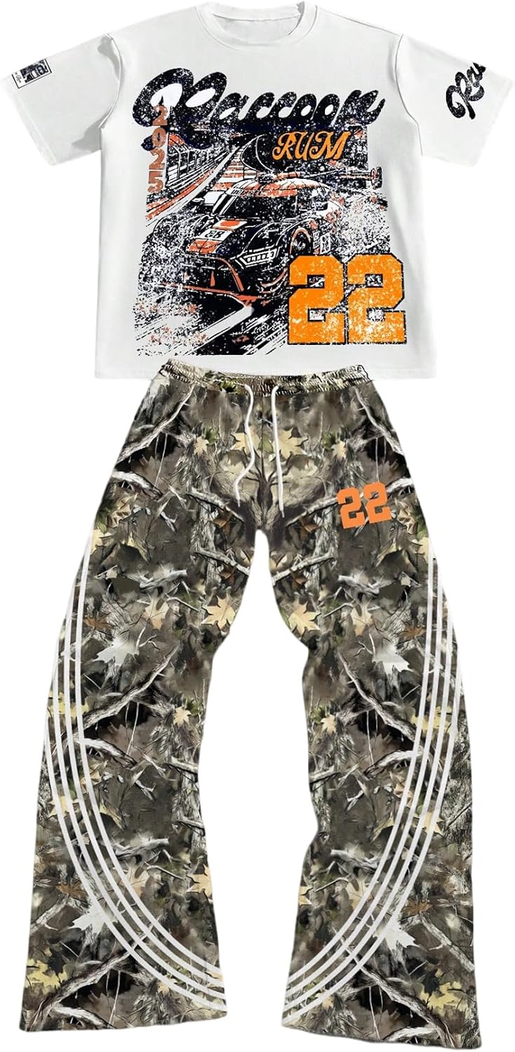 Men'S Y2K Outfits 2 Piece Graphic Tee and Pants Rave Sweatsuits Set