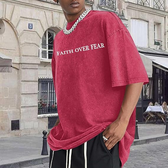 Christian Faith over Fear Shirt for Men Jesus Religious Shirts Oversized Graphic Tees Acid Wash God T-Shirt