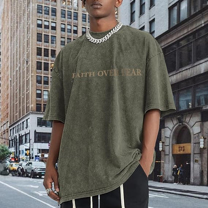 Christian Faith over Fear Shirt for Men Jesus Religious Shirts Oversized Graphic Tees Acid Wash God T-Shirt