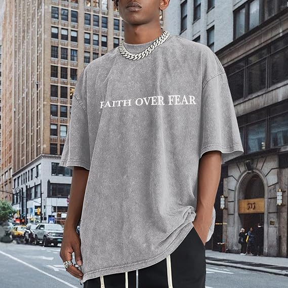 Christian Faith over Fear Shirt for Men Jesus Religious Shirts Oversized Graphic Tees Acid Wash God T-Shirt