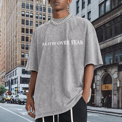 Christian Faith over Fear Shirt for Men Jesus Religious Shirts Oversized Graphic Tees Acid Wash God T-Shirt
