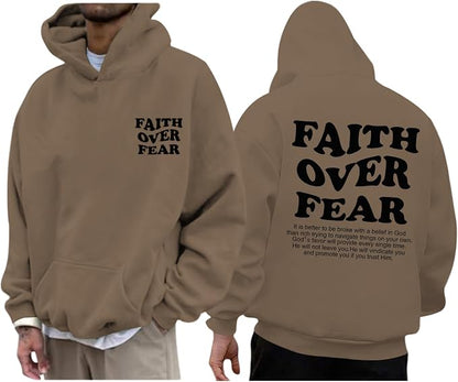 Faith over Fear Hoodie Men Christian Jesus Sweatshirts Bible Verse Graphic Hoodies Inspirational Streetwear Pullover
