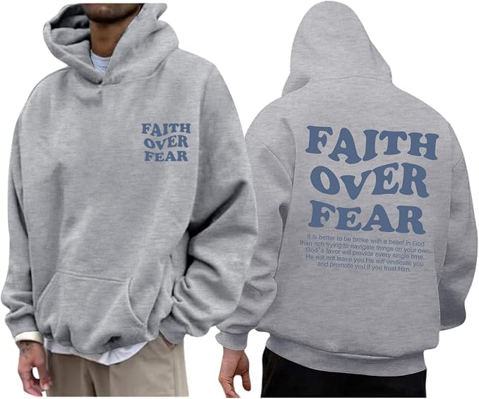 Faith over Fear Hoodie Men Christian Jesus Sweatshirts Bible Verse Graphic Hoodies Inspirational Streetwear Pullover