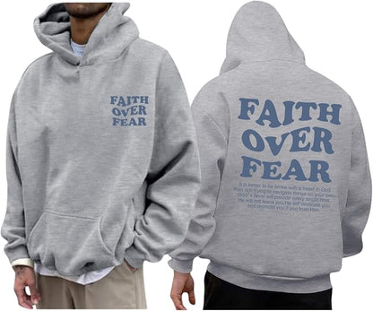 Faith over Fear Hoodie Men Christian Jesus Sweatshirts Bible Verse Graphic Hoodies Inspirational Streetwear Pullover