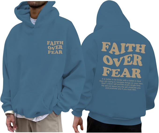 Faith over Fear Hoodie Men Christian Jesus Sweatshirts Bible Verse Graphic Hoodies Inspirational Streetwear Pullover