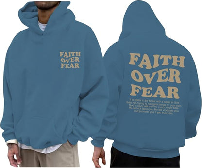 Faith over Fear Hoodie Men Christian Jesus Sweatshirts Bible Verse Graphic Hoodies Inspirational Streetwear Pullover