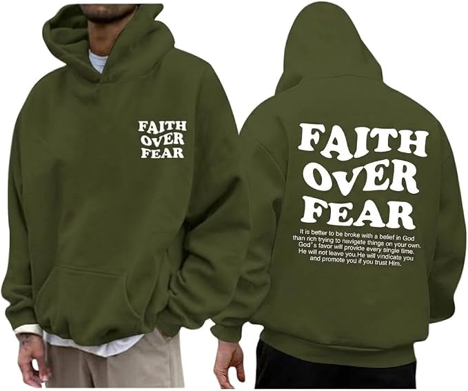 Faith over Fear Hoodie Men Christian Jesus Sweatshirts Bible Verse Graphic Hoodies Inspirational Streetwear Pullover