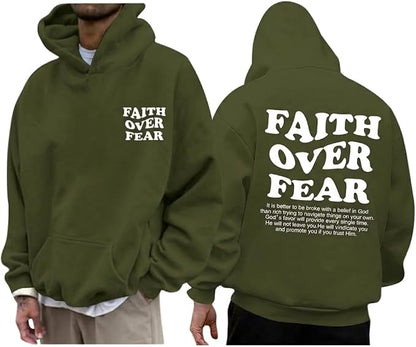 Faith over Fear Hoodie Men Christian Jesus Sweatshirts Bible Verse Graphic Hoodies Inspirational Streetwear Pullover