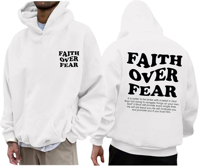Faith over Fear Hoodie Men Christian Jesus Sweatshirts Bible Verse Graphic Hoodies Inspirational Streetwear Pullover